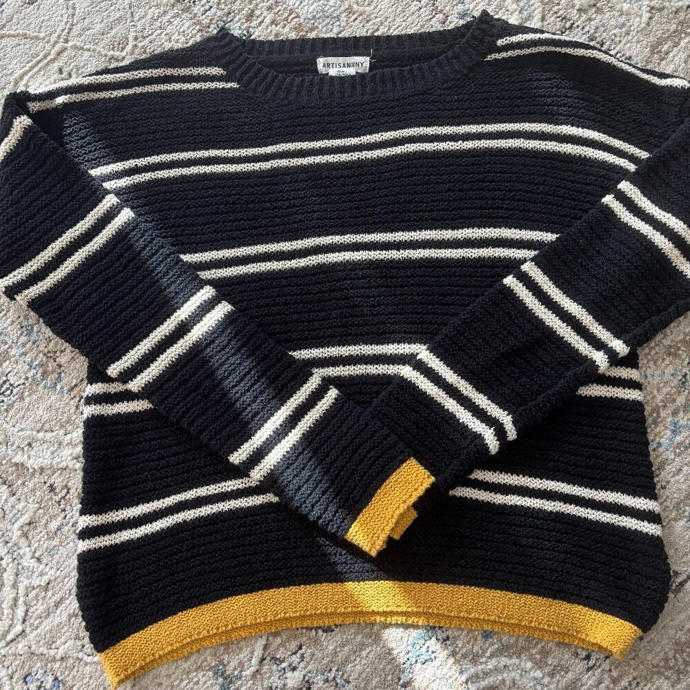 Artisan Ny Black & Cream Striped Crewneck Sweater with Mustard Trim